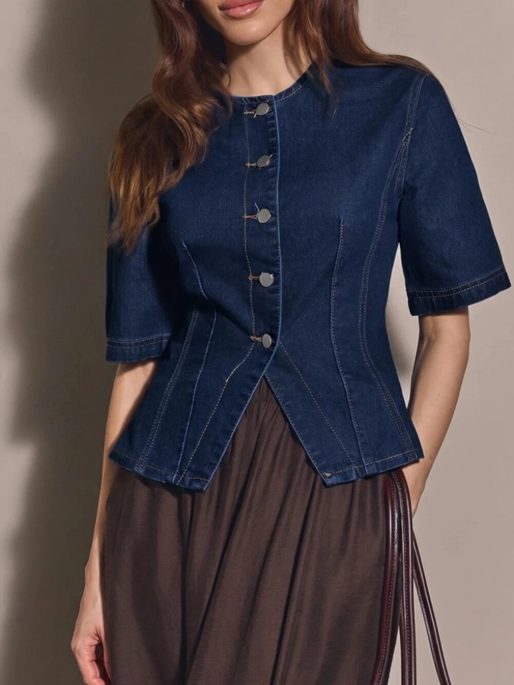Dark Wash Denim Contrast Stitch Button Front Peplum Top